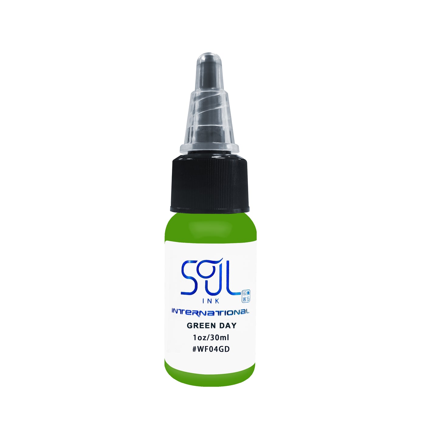 Photograph of a bottle of 'Soul Ink' brand green day ink. The label prominently displays the brand name 'Soul Ink' in stylish blue typography against a white background. The green day 30 ml bottle with a white label featuring the brands name 'Soul Ink'.