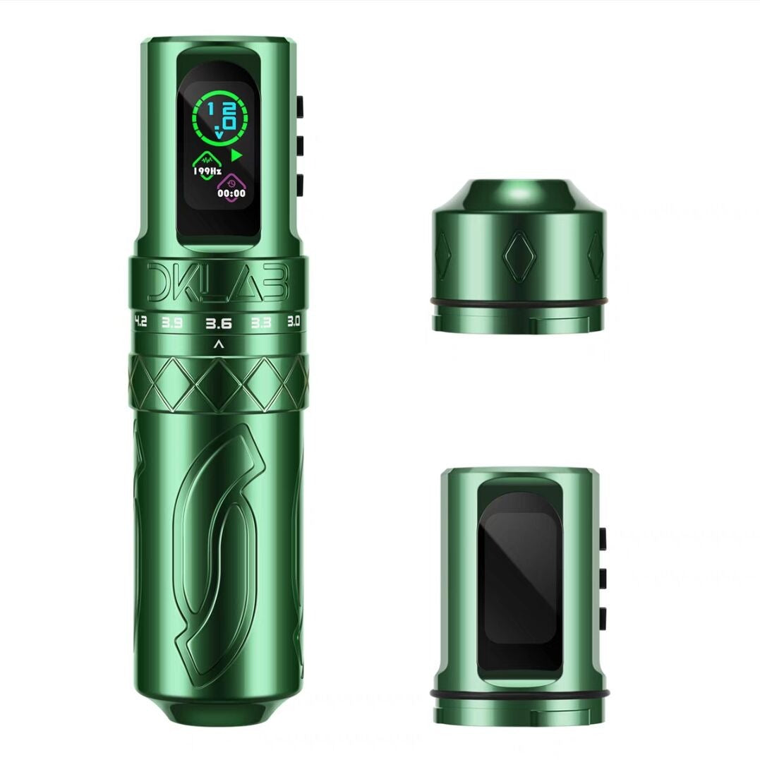 Photograph of the "DKlab" rotary pen-style tattoo machine in a striking green color, accompanied by two batteries and an RCA adapter. The vibrant green hue adds a bold and unique touch to the device, showcasing its standout design and functionality.