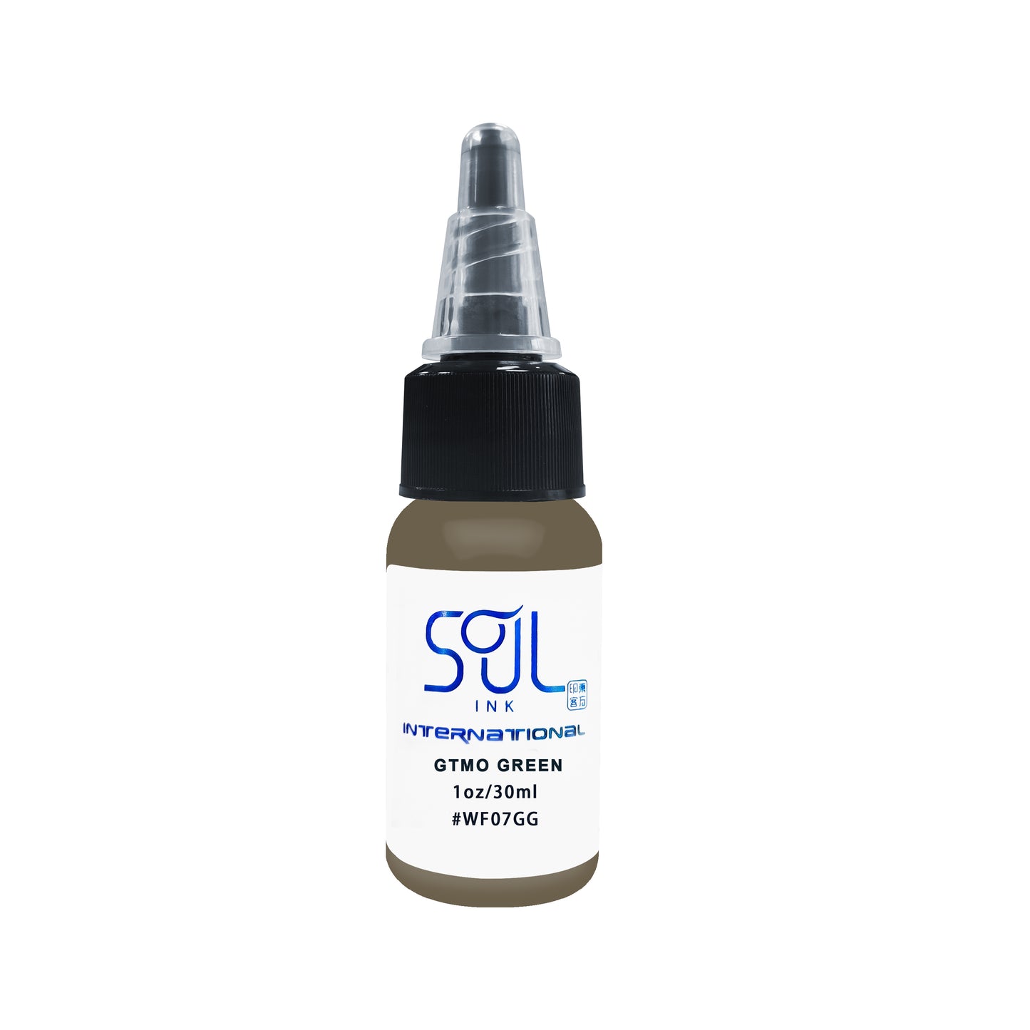 Photograph of a bottle of 'Soul Ink' brand GTMO green ink. The label prominently displays the brand name 'Soul Ink' in stylish blue typography against a white background. The GTMO green 30 ml bottle with a white label featuring the brands name 'Soul Ink'.