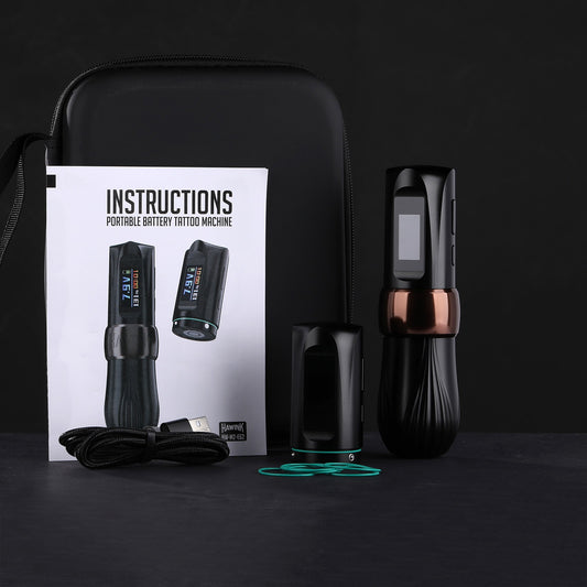 Hawink tattoo machine HW with included batteries, charger, and protective case
