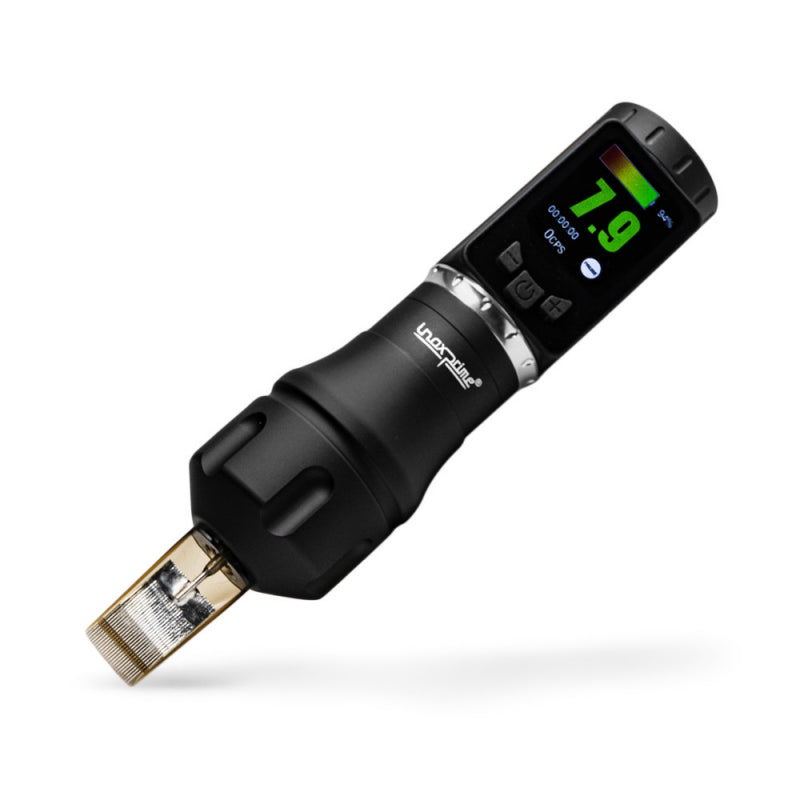 Inox Prime Wireless Tattoo Machine with OLED display and adjustable grips for professional use.