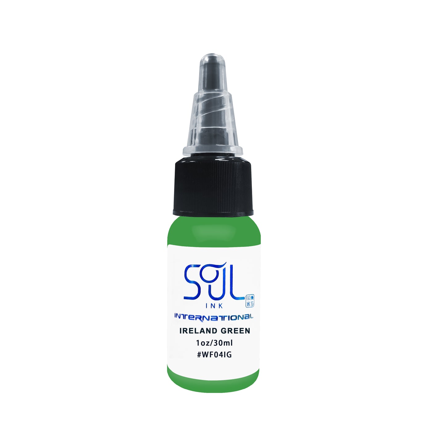 Photograph of a bottle of 'Soul Ink' brand Ireland green ink. The label prominently displays the brand name 'Soul Ink' in stylish blue typography against a white background. The Ireland green 30 ml bottle with a white label featuring the brands name 'Soul Ink'.