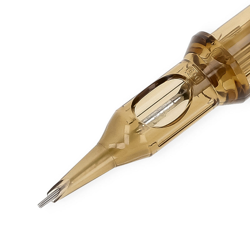 Close-up view of a Kwadron round liner cartridge needle for precise tattooing.