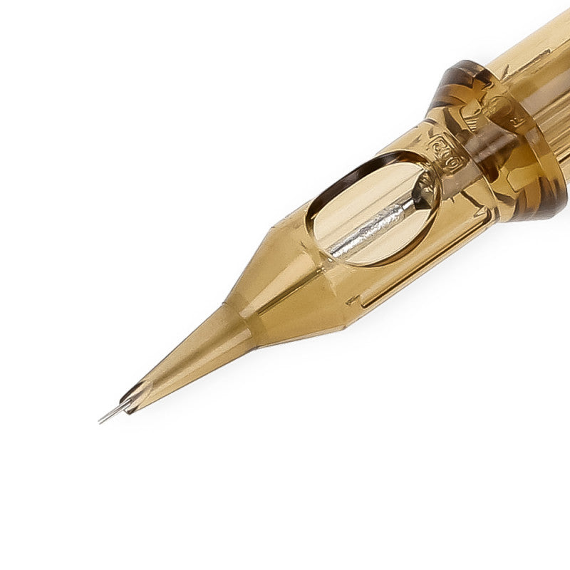 Close-up view of a Kwadron round shader cartridge needle for precise tattooing.