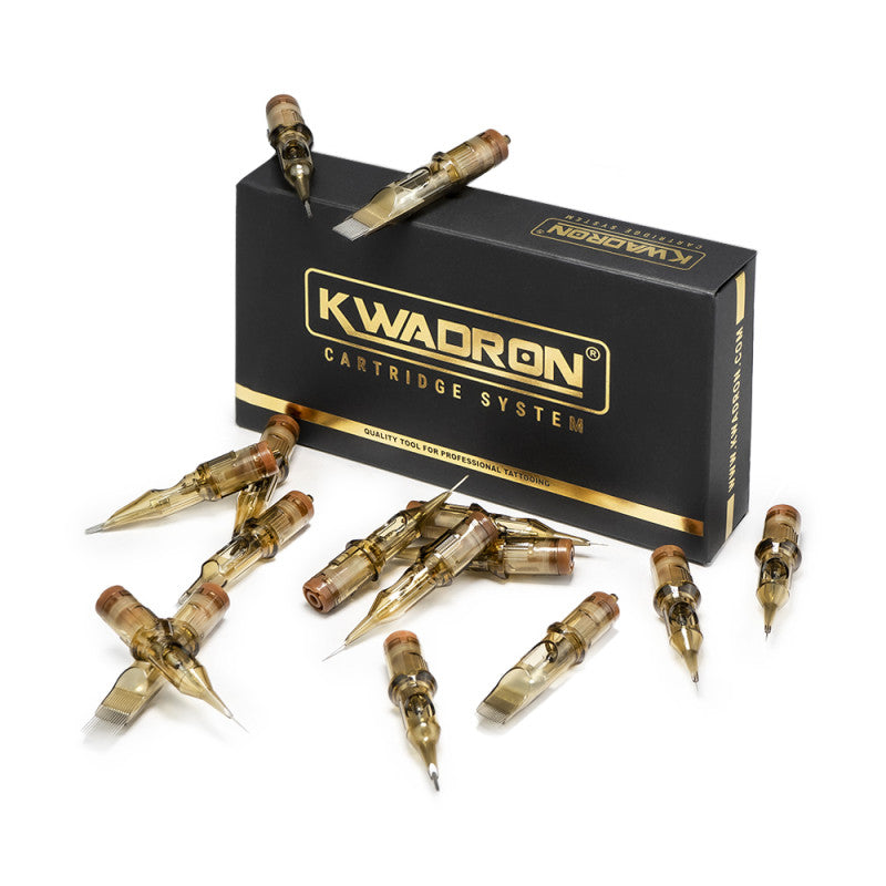 Kwadron Cartridge System box with multiple tattoo needle cartridges displayed.
