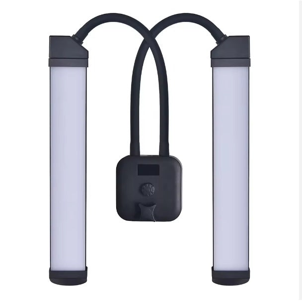 Close-up of the LED dual-arm lamp head showing two adjustable light bars and the central control unit. Perfect for precise and professional lighting setups.