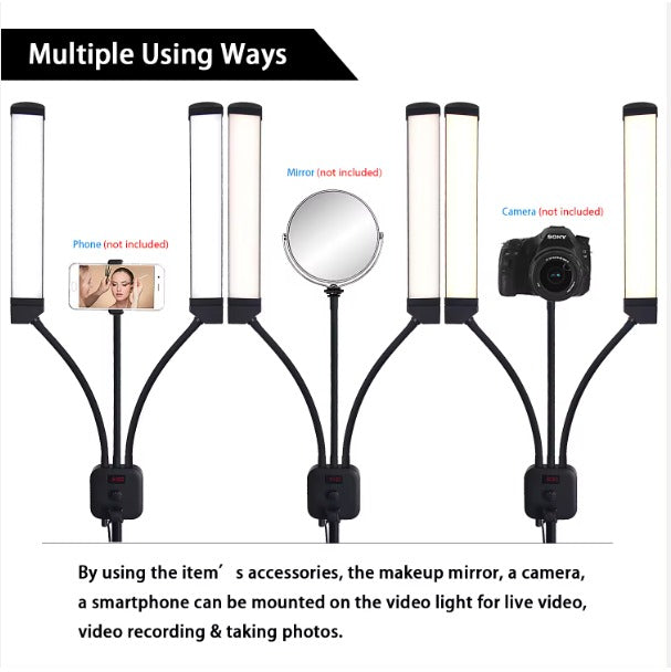 LED dual-arm lamp demonstrating multiple uses with a smartphone, mirror, and camera. Ideal for makeup, photography, and video recording setups.