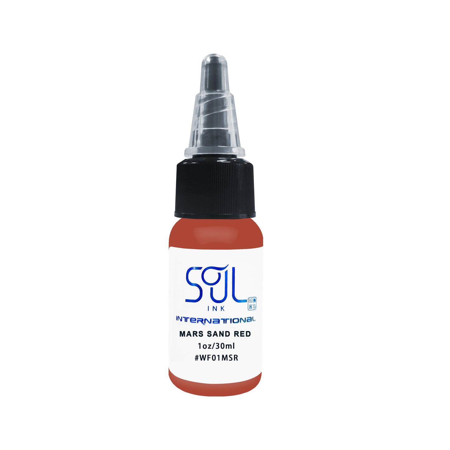 Photograph of a bottle of 'Soul Ink' brand mars sand red ink. The label prominently displays the brand name 'Soul Ink' in stylish blue typography against a white background. The mars sand red 30 ml bottle with a white label featuring the brands name 'Soul Ink'.