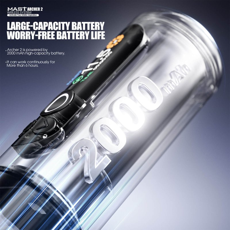 Mast Archer 2 cordless tattoo pen with 2000mAh battery for over 6 hours of continuous use.