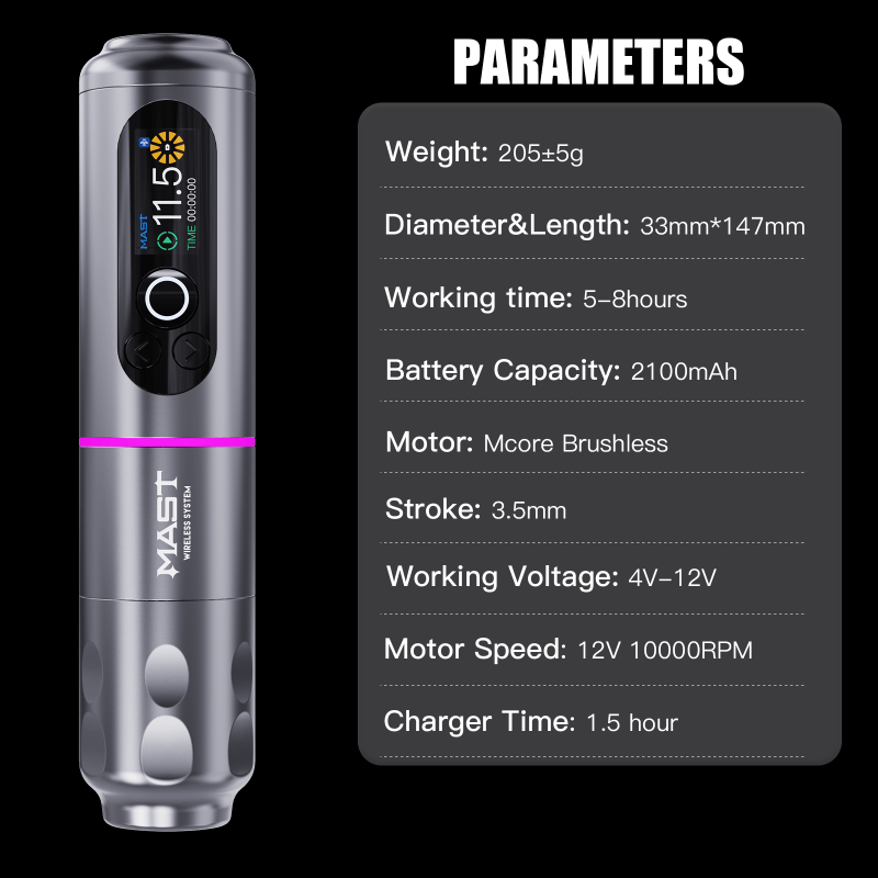 Technical parameters of Mast Archer 2 tattoo pen, including weight, stroke, battery capacity, and motor specifications.