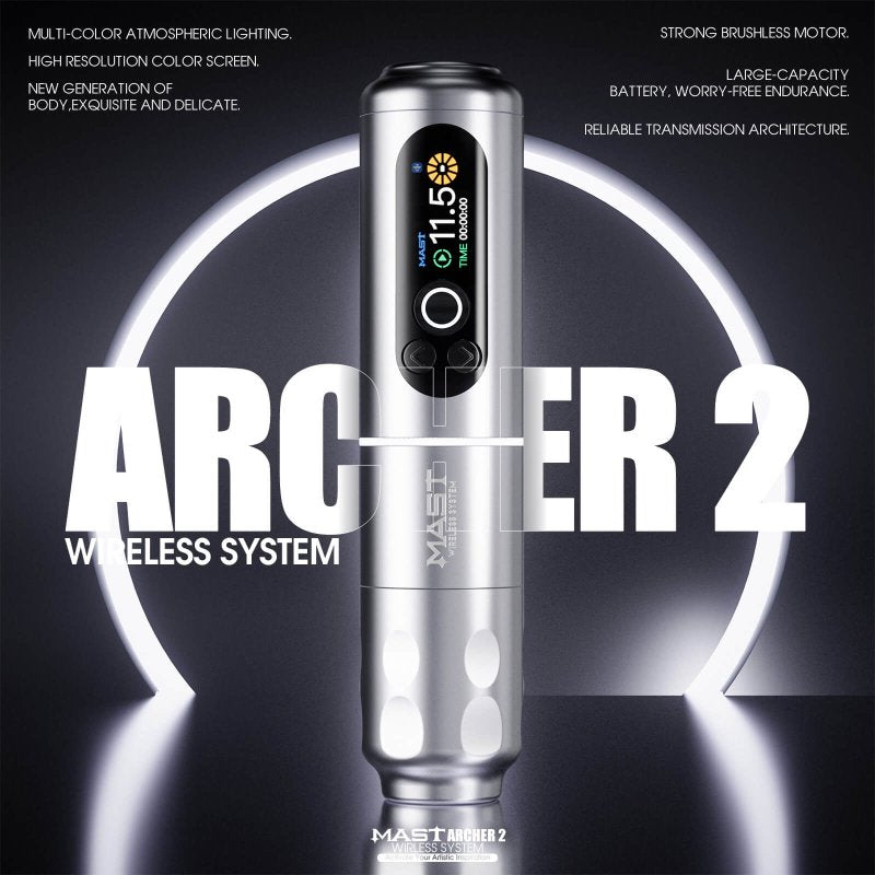 The new Archer2 model of Mast tattoo equipment by Pro Line tattoo Bulgaria. Cordless Pen Mast Archer 2 - High-performance tattoo machine with dynamic design and ergonomic grip.