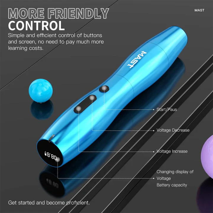 Close-up of Mast P20 wireless PMU pen in blue, highlighting lightweight design.