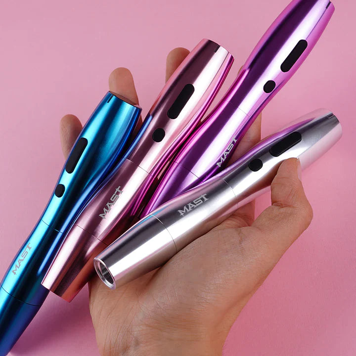 Mast P20 wireless PMU pens in various colors, showcasing ergonomic design and dual battery.