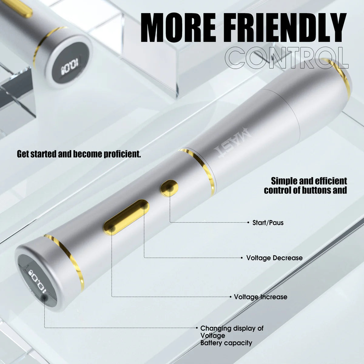 Mast P40 wireless PMU pen showcasing dimensions and ergonomic design for precision.