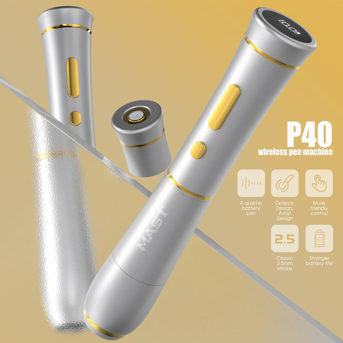 Mast P40 wireless PMU pen with a smooth design and classic ergonomic grip.
