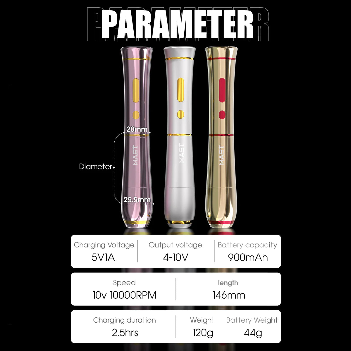 Parameter details of Mast P40 PMU pen, including 2.5mm stroke and 900mAh battery.