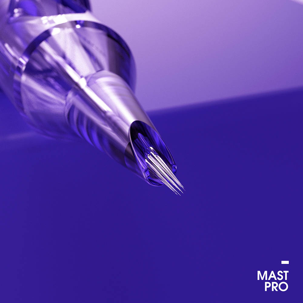 Close-up photograph of a Mast Pro Tattoo Cartridge needle. The needle is shown in detail, highlighting its precision and quality construction.