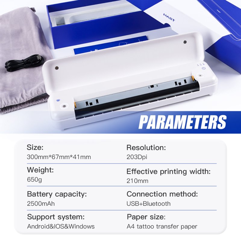 MAST Smart Wireless Printer specifications, featuring high battery capacity and compact dimensions for maximum convenience.