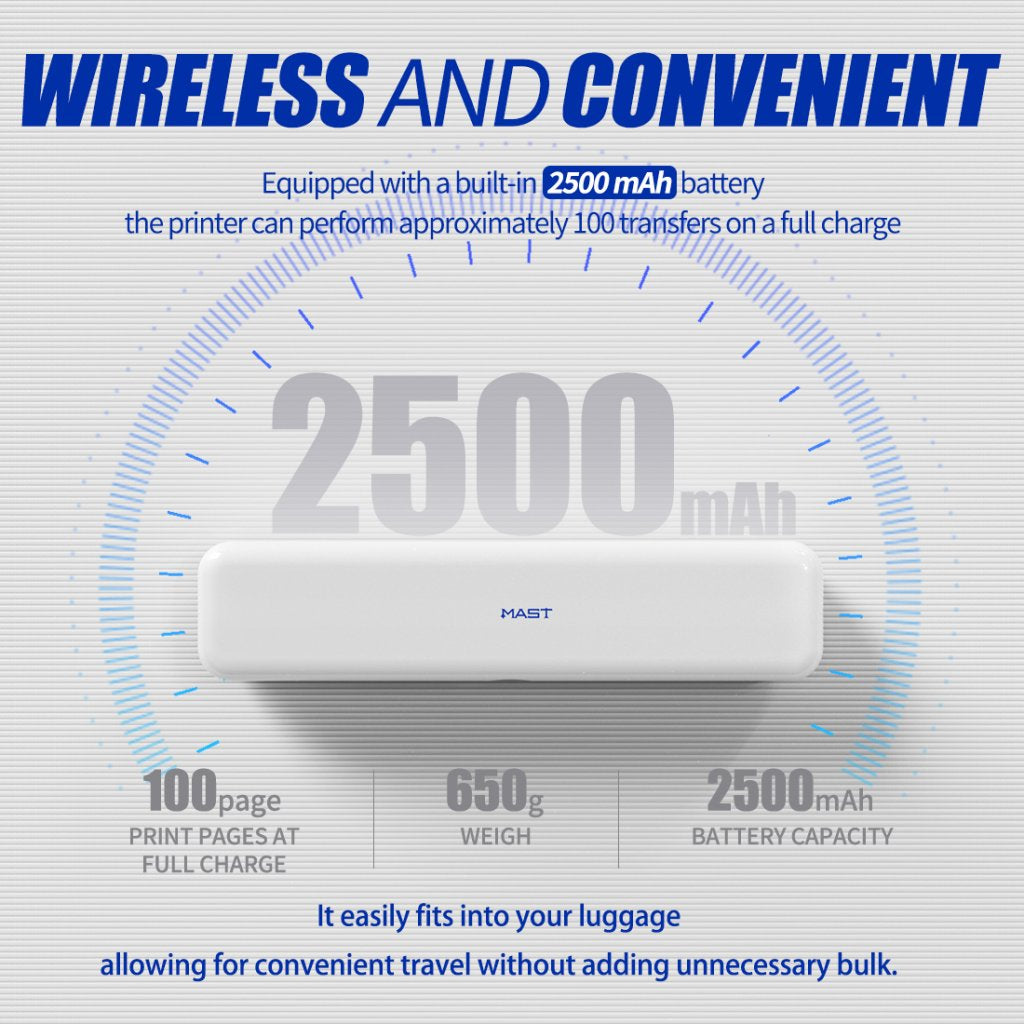 MAST Smart Wireless Printer specifications, featuring high battery capacity and compact dimensions for maximum convenience.