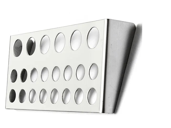 Metal paint cap holder with multiple circular slots in varying sizes, designed for organizing paint caps efficiently during professional use.