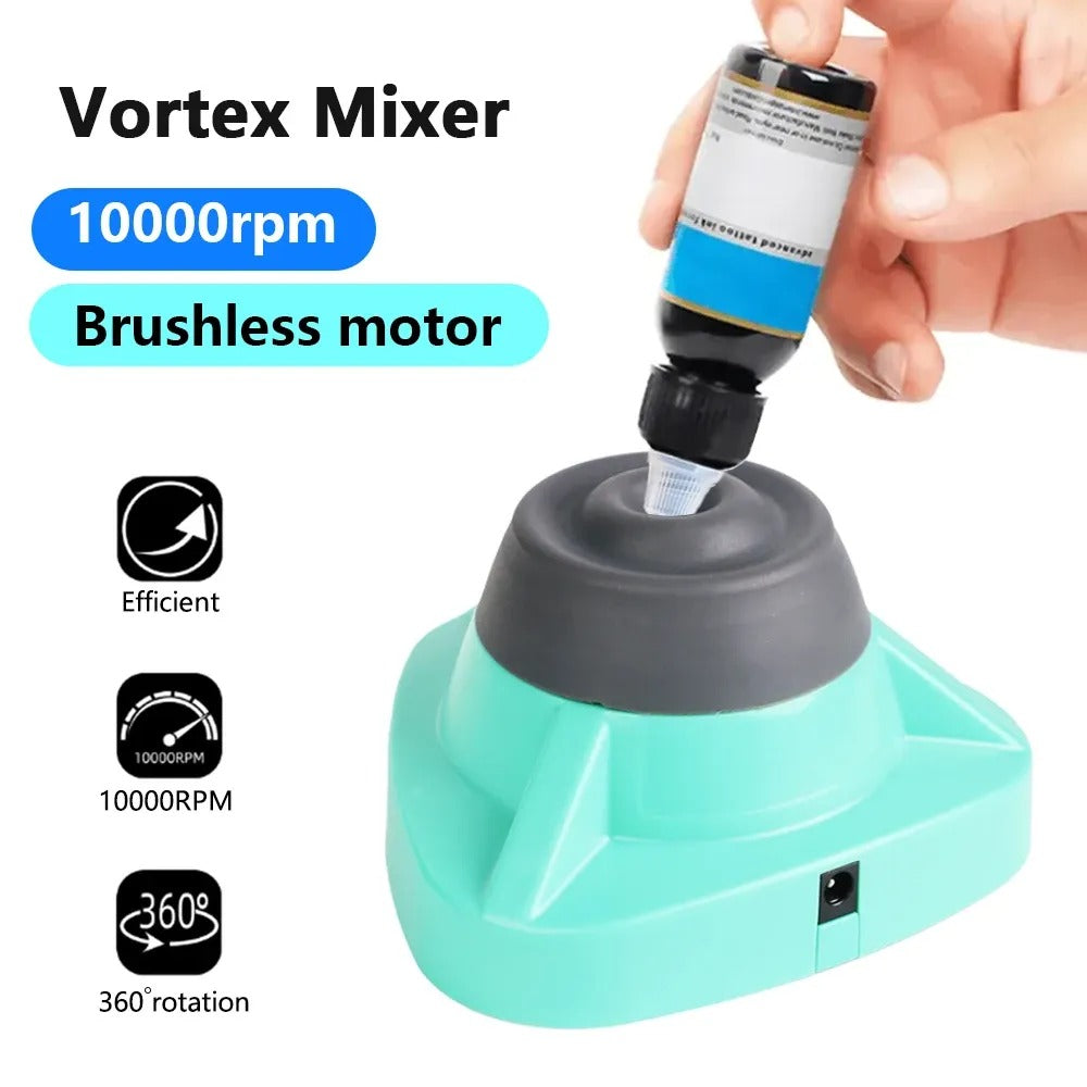 Image of a Mini Vortex Mixer with a brushless motor capable of 10,000 RPM. The turquoise mixer is demonstrated with a bottle being mixed efficiently, highlighting features like 360° rotation and high-speed operation