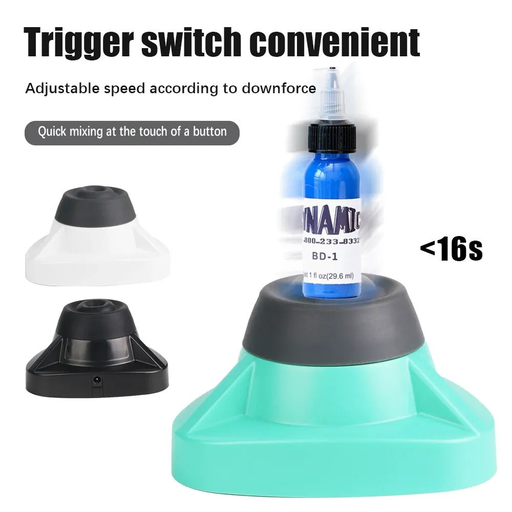 Image of a Mini Vortex Mixer demonstrating the trigger switch feature for adjustable speed. The turquoise mixer is shown with a bottle being mixed, indicating quick mixing in less than 16 seconds. The image also includes different color variations of the mixer, showcasing its convenient one-touch operation.