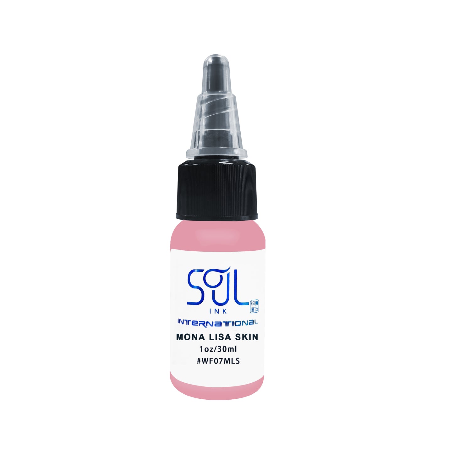 Photograph of a bottle of 'Soul Ink' brand Mona Lisa skin ink. The label prominently displays the brand name 'Soul Ink' in stylish blue typography against a white background. The Mona Lisa skin 30 ml bottle with a white label featuring the brands name 'Soul Ink'.