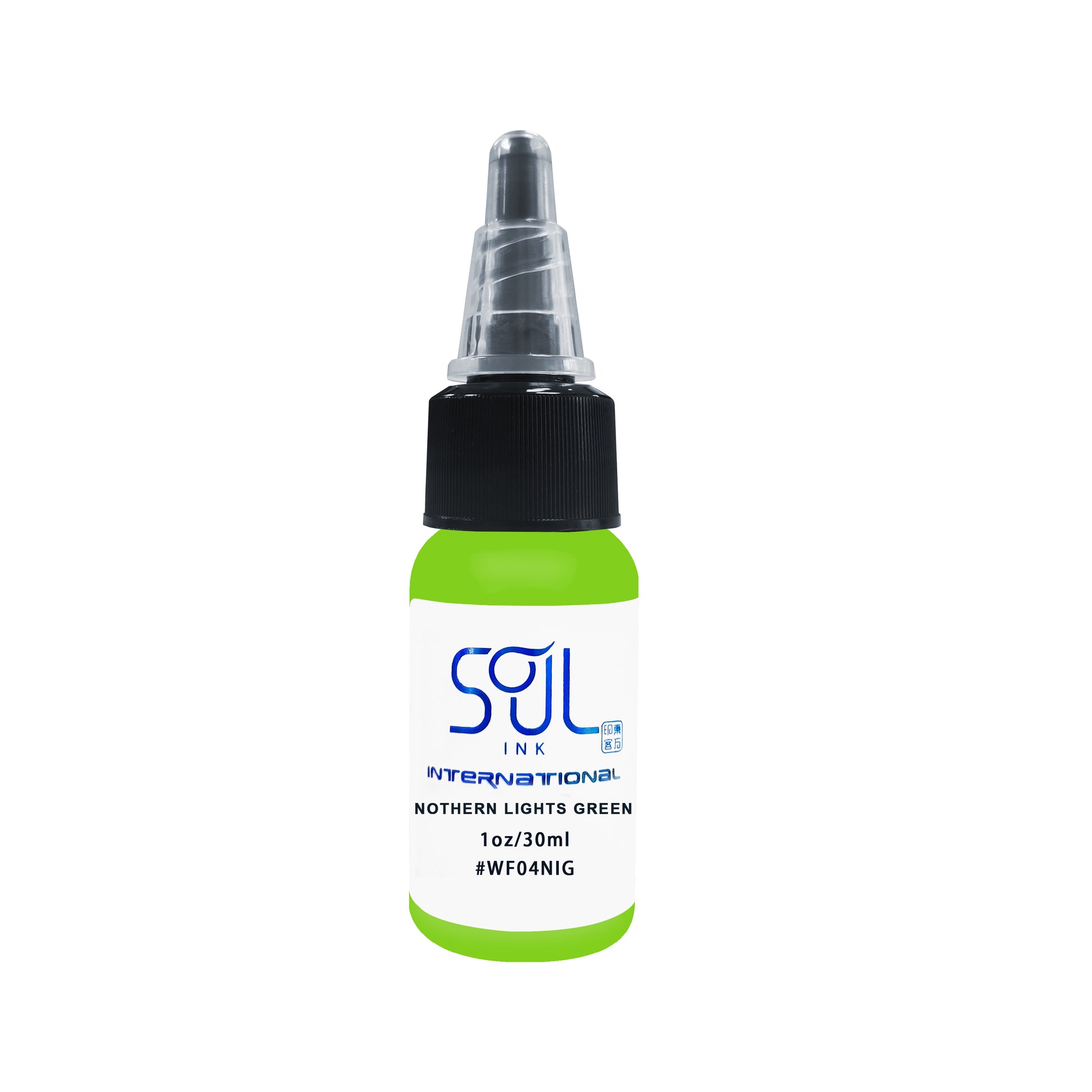 Photograph of a bottle of 'Soul Ink' brand Northern lights green ink. The label prominently displays the brand name 'Soul Ink' in stylish blue typography against a white background. The Northern lights green 30 ml bottle with a white label featuring the brands name 'Soul Ink'.