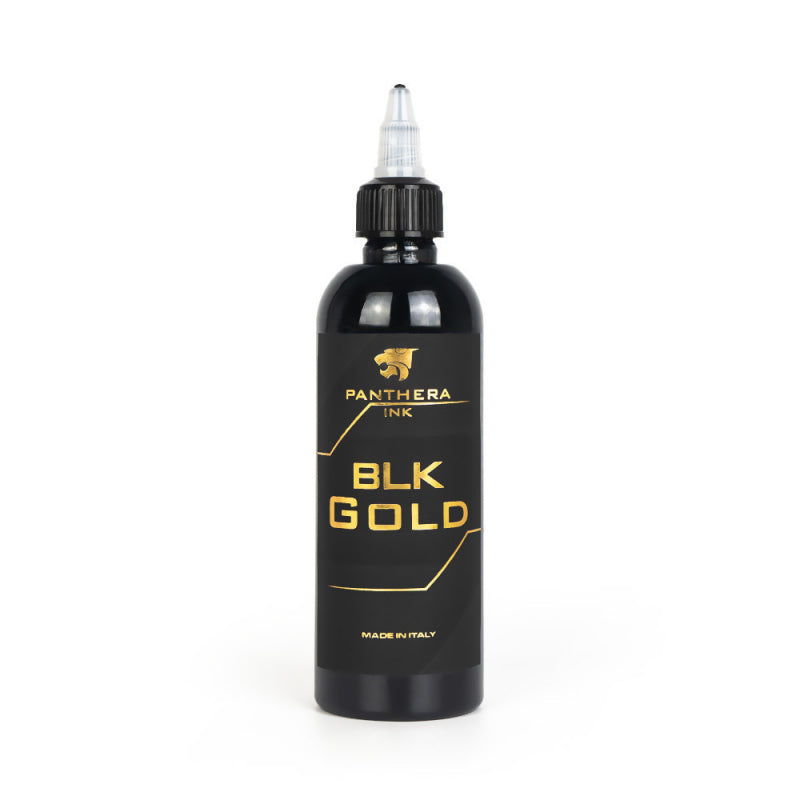 Panthera Black Gold tattoo ink bottle, featuring high pigment concentration and REACH-compliant formula.
