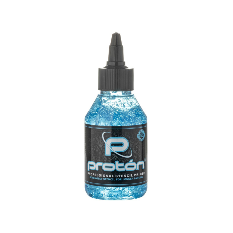 Proton Professional Stencil Primer in a blue bottle, ideal for professional tattoo artists for clean and detailed stencil transfers.