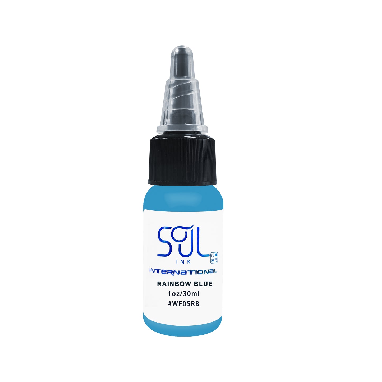 Photograph of a bottle of 'Soul Ink' brand rainbow blue ink. The label prominently displays the brand name 'Soul Ink' in stylish blue typography against a white background. The rainbow blue 30 ml bottle with a white label featuring the brands name 'Soul Ink'.