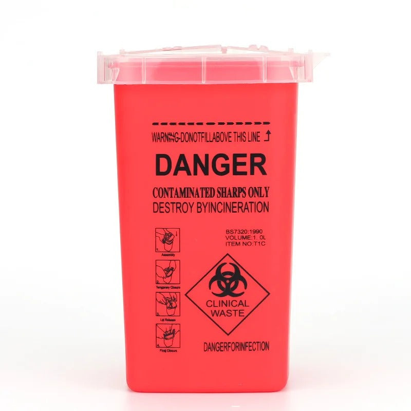 Red biohazard container with 'Danger' warning label for safe disposal of sharp and infectious waste.