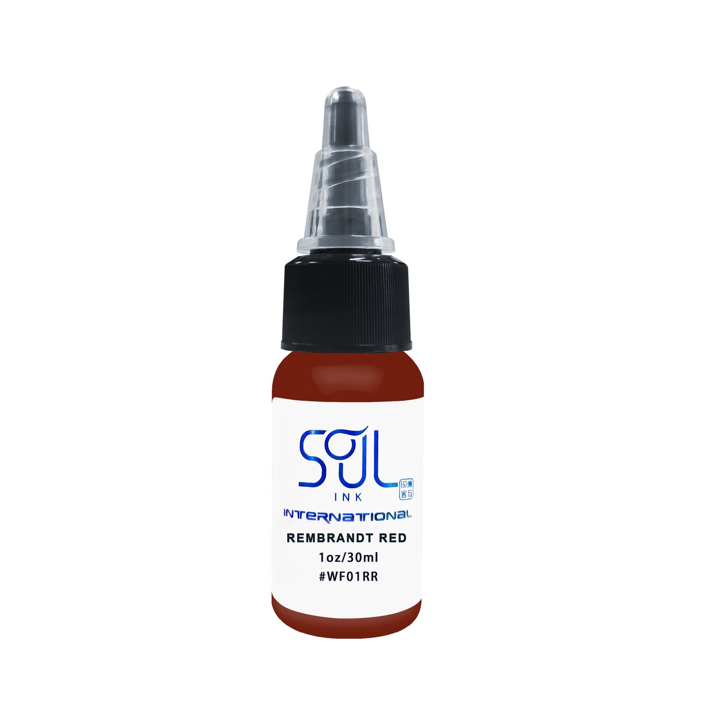 Photograph of a bottle of 'Soul Ink' brand Rembrandt red ink. The label prominently displays the brand name 'Soul Ink' in stylish blue typography against a white background. The Rembrandt red 30 ml bottle with a white label featuring the brands name 'Soul Ink'.