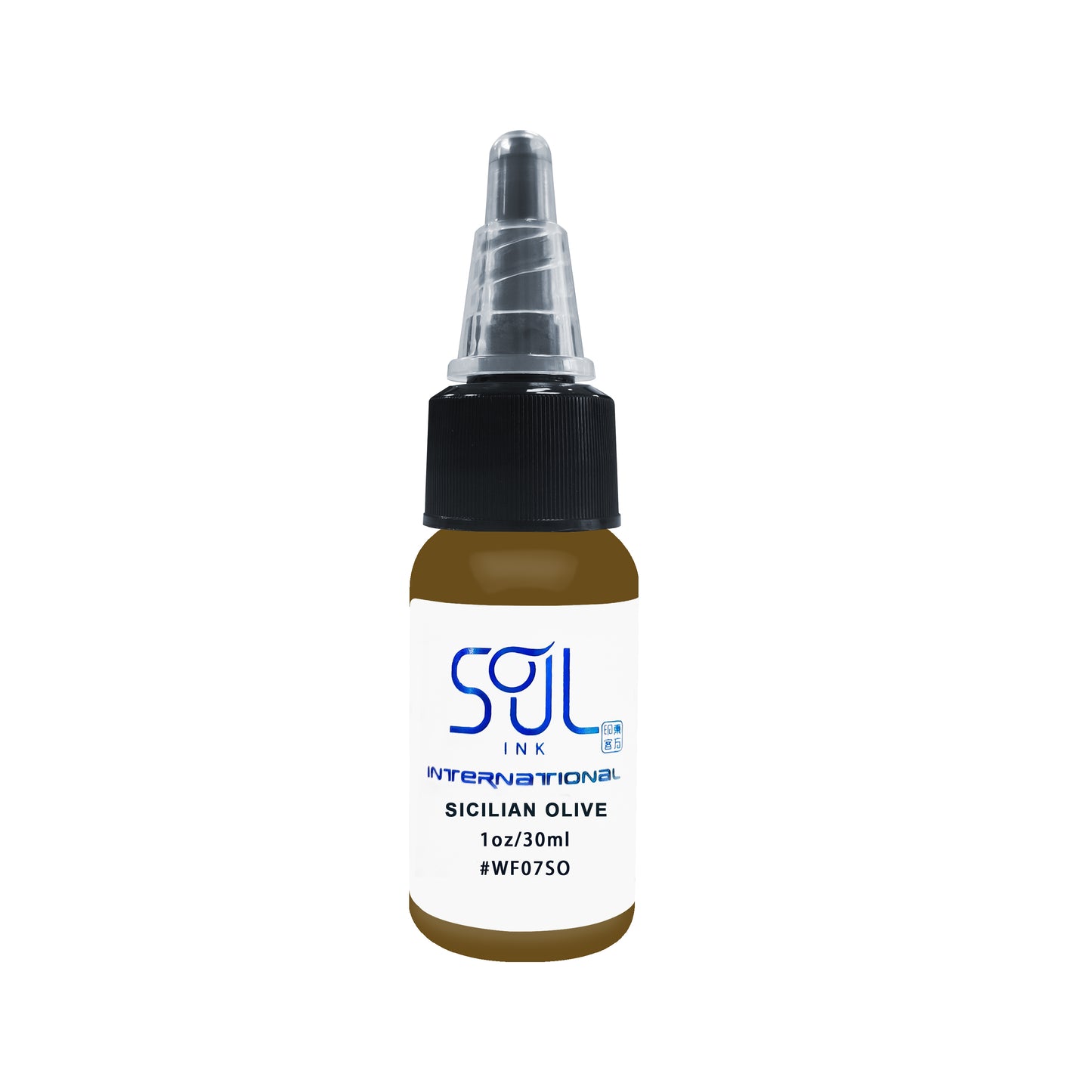 Photograph of a bottle of 'Soul Ink' brand Sicilian olive ink. The label prominently displays the brand name 'Soul Ink' in stylish blue typography against a white background. The Sicilian olive 30 ml bottle with a white label featuring the brands name 'Soul Ink'.