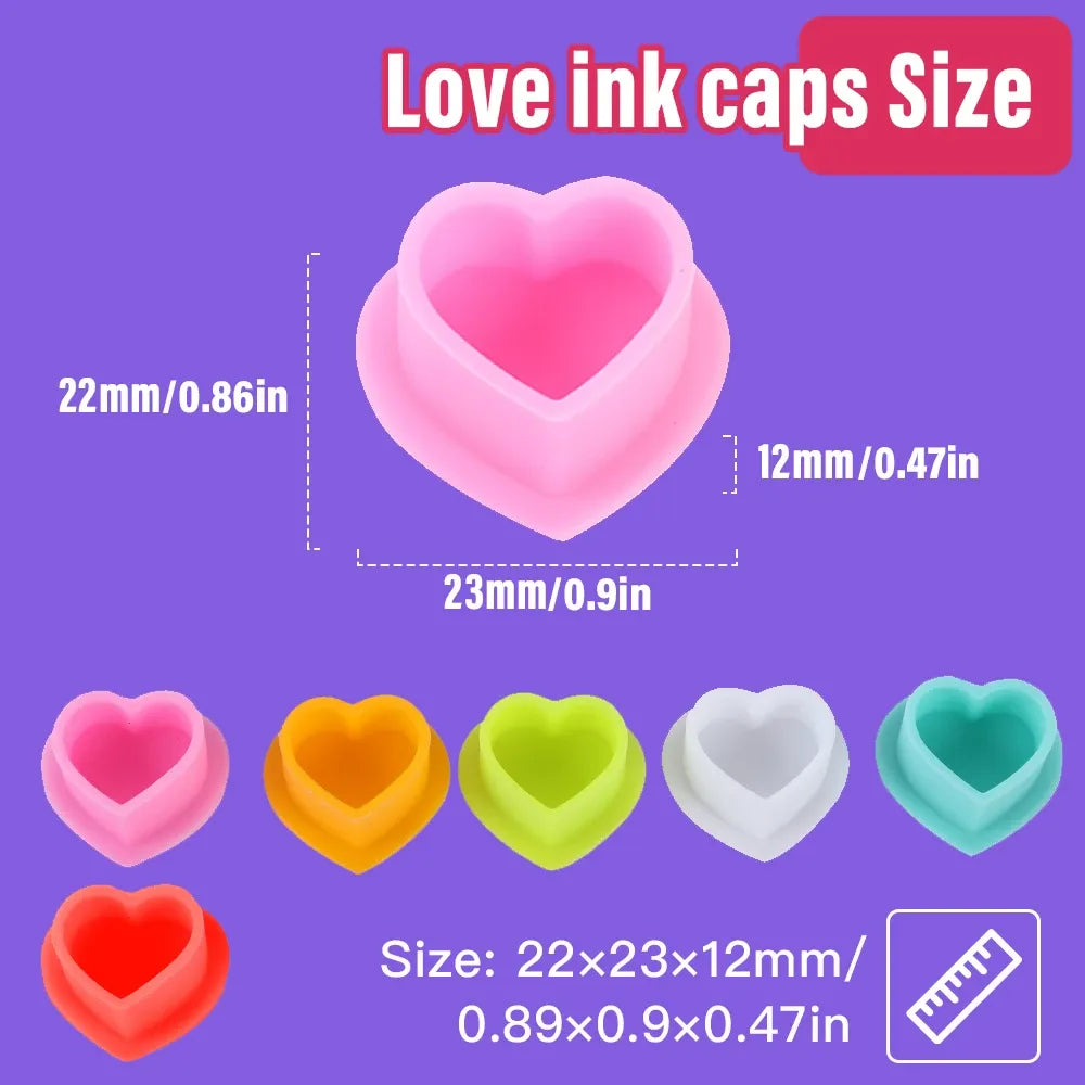 Dimensions of silicone soft ink cups, featuring heart-shaped design.