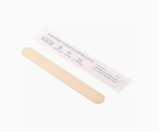 Single wooden tongue depressor individually wrapped for hygienic use.