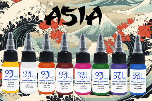 Photograph of the Asia set from Soul Ink, featuring a mixture of eight different colors inspired by Asian culture. The set offers a diverse range of vibrant hues, reflecting the rich and diverse colors found in Asian art and traditions.