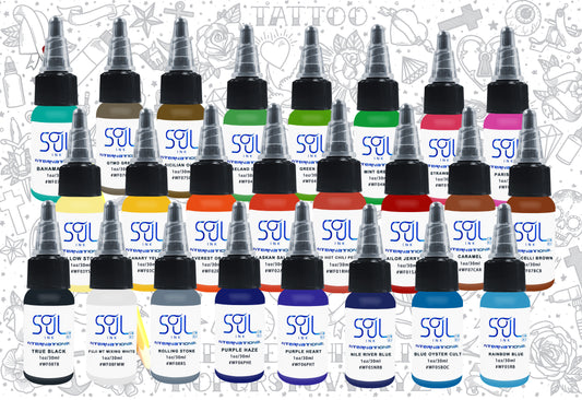 Photograph of the Beginners set from Soul Ink, featuring 24 essential colors curated for novice tattoo artists. This comprehensive set provides a wide range of colors necessary for various tattooing styles and techniques, catering to the needs of beginners in the tattooing industry.