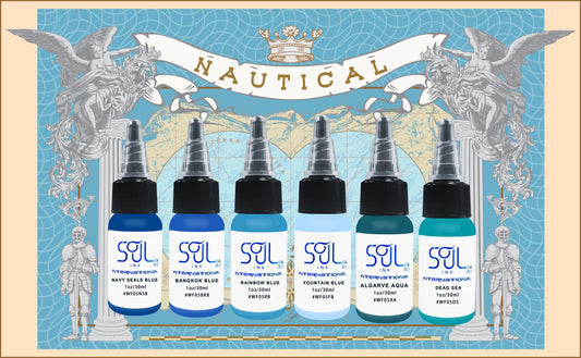 Photograph of the Nautical set from Soul Ink, containing six blue shades: Navy Seals Blue, Bangkok Blue, Rainbow Blue, Fountain Blue, Algarve Aqua, and Dead Sea. The vibrant hues of blue are displayed, offering a diverse range of options for tattooing.