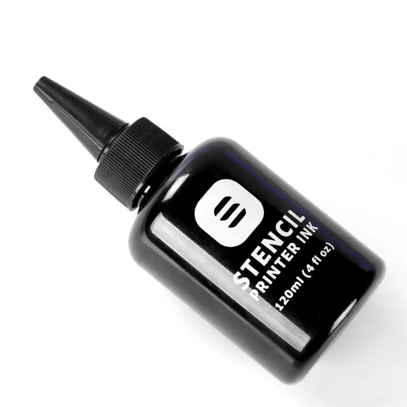 Stencil Printer Ink 120ml bottle with black sleek design.