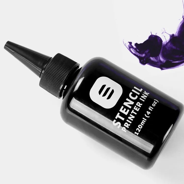 Detailed view of Stencil Printer Ink 120ml bottle with purple ink design.
