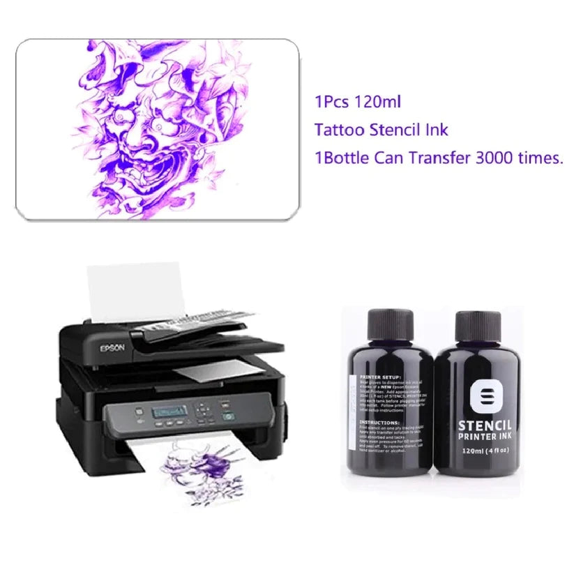 Stencil Printer Ink 120ml with printer setup and stencil example.