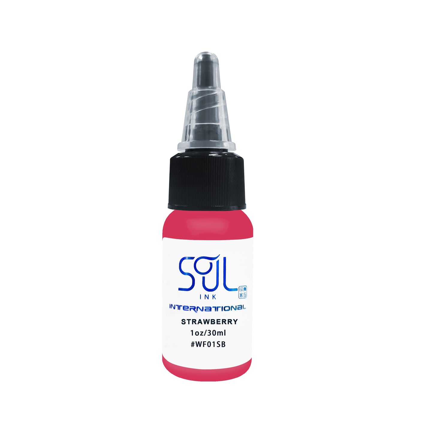 Photograph of a bottle of 'Soul Ink' brand strawberry ink. The label prominently displays the brand name 'Soul Ink' in stylish blue typography against a white background. The strawberry 30 ml bottle with a white label featuring the brands name 'Soul Ink'.