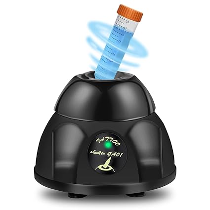 Black tattoo ink mixer shaking a test tube, demonstrating its versatility for various liquids.