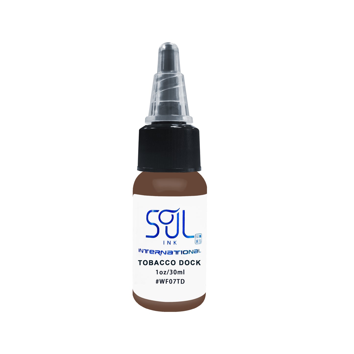 Photograph of a bottle of 'Soul Ink' brand tobacco dock ink. The label prominently displays the brand name 'Soul Ink' in stylish blue typography against a white background. The brown 30 ml bottle with a white label featuring the brands name 'Soul Ink'.