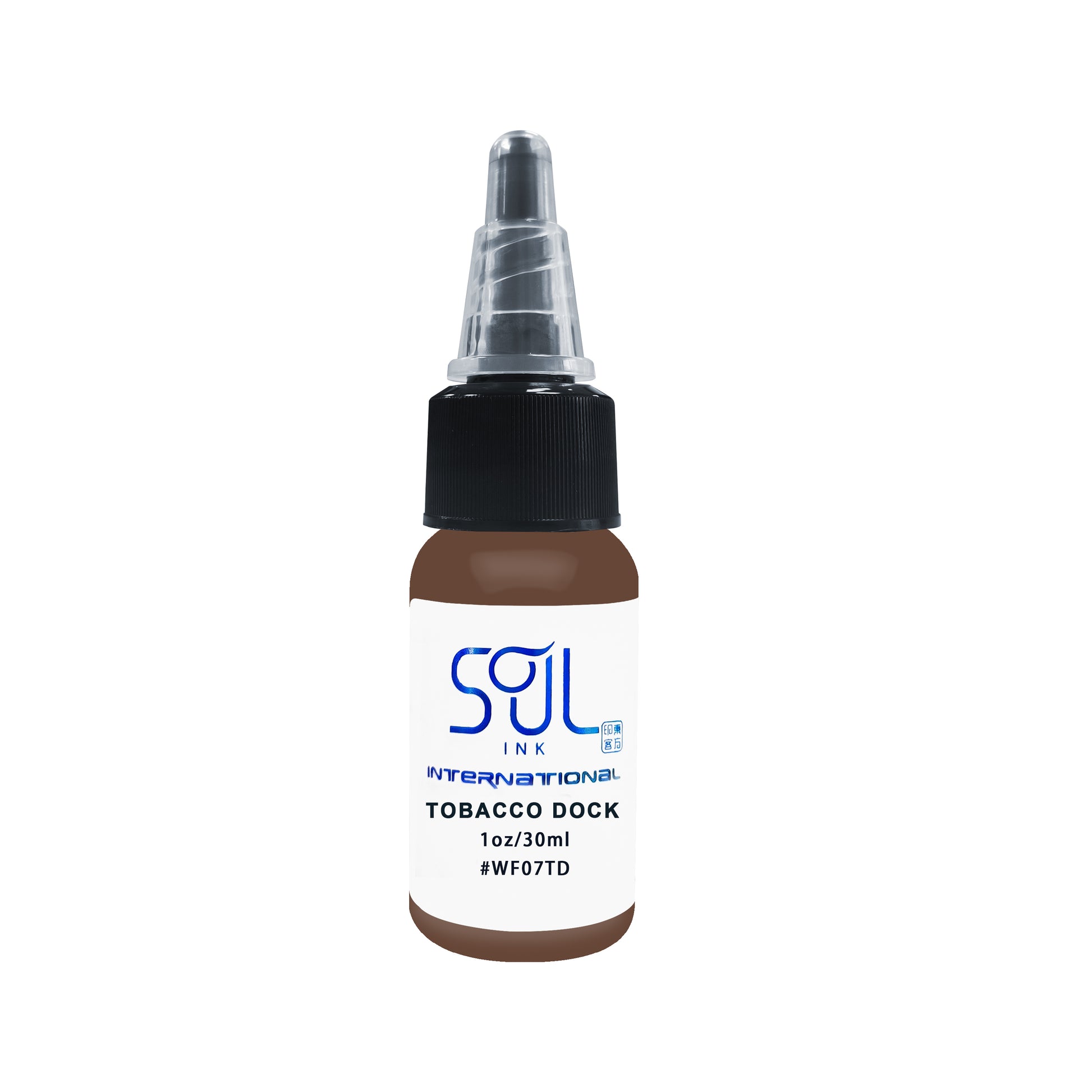 Photograph of a bottle of 'Soul Ink' brand tobacco dock ink. The label prominently displays the brand name 'Soul Ink' in stylish blue typography against a white background. The brown 30 ml bottle with a white label featuring the brands name 'Soul Ink'.