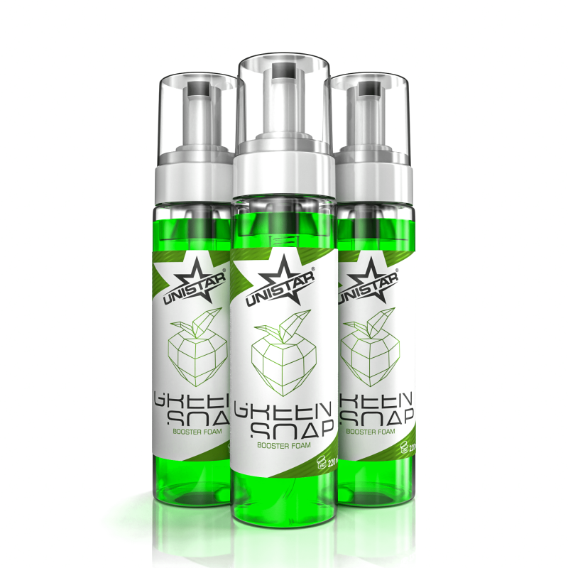 UNISTAR Booster Foam Soap 200ml - Three bottles of green foam soap displayed together.