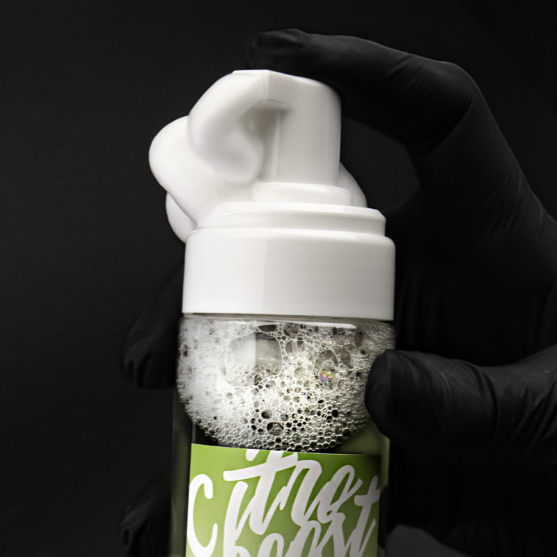 A closeup view of the UNISTAR CITRO-BOOST Foam Soap, 200ml bottle for tattoo care