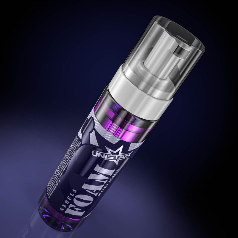 Front view of UNISTAR NEBULA™ Foam Anesthetic in a sleek purple bottle with a pump top, 200ml capacity.