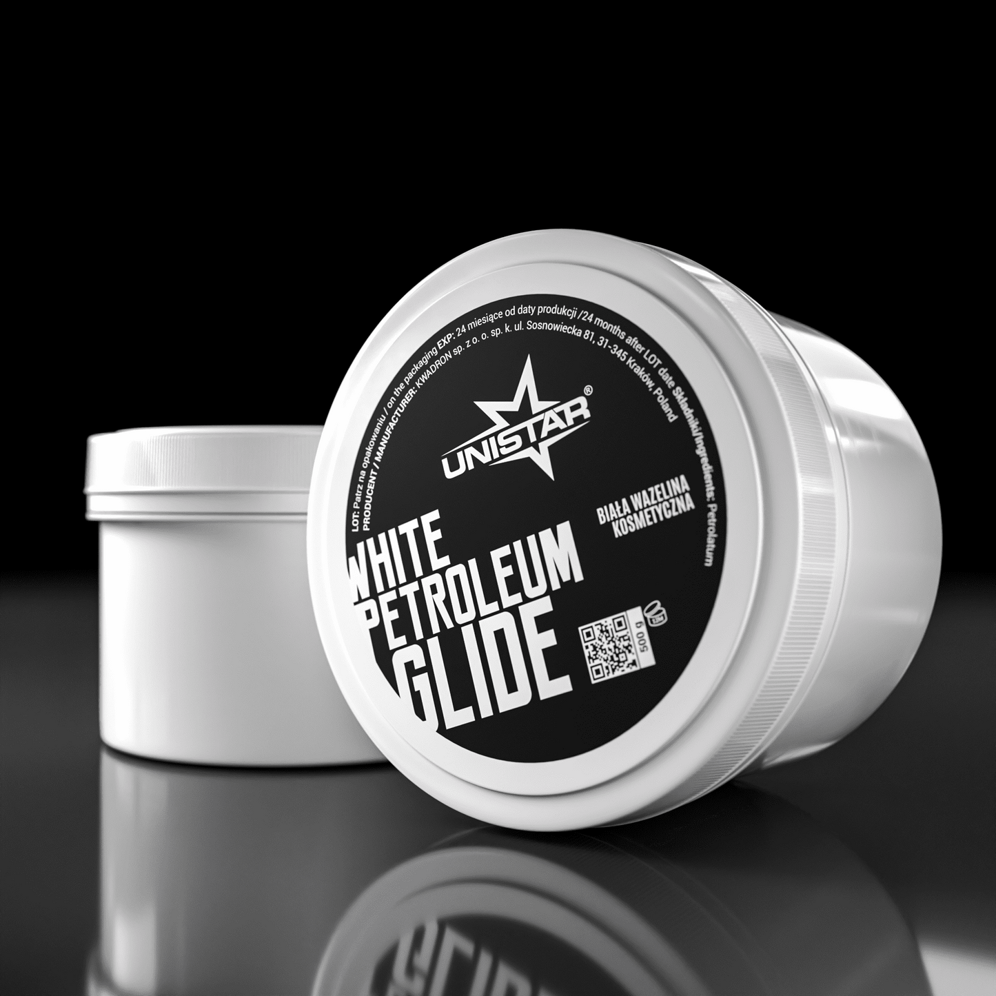 UNISTAR white petroleum jelly in various sizes – 300g, 500g, and 1kg – tailored for tattoo artists.